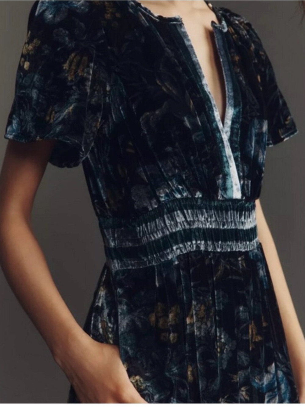 NWT Anthropologie Velvet Floral Somerset Midi Dress in Deep Blue-Black - Picture 4 of 11